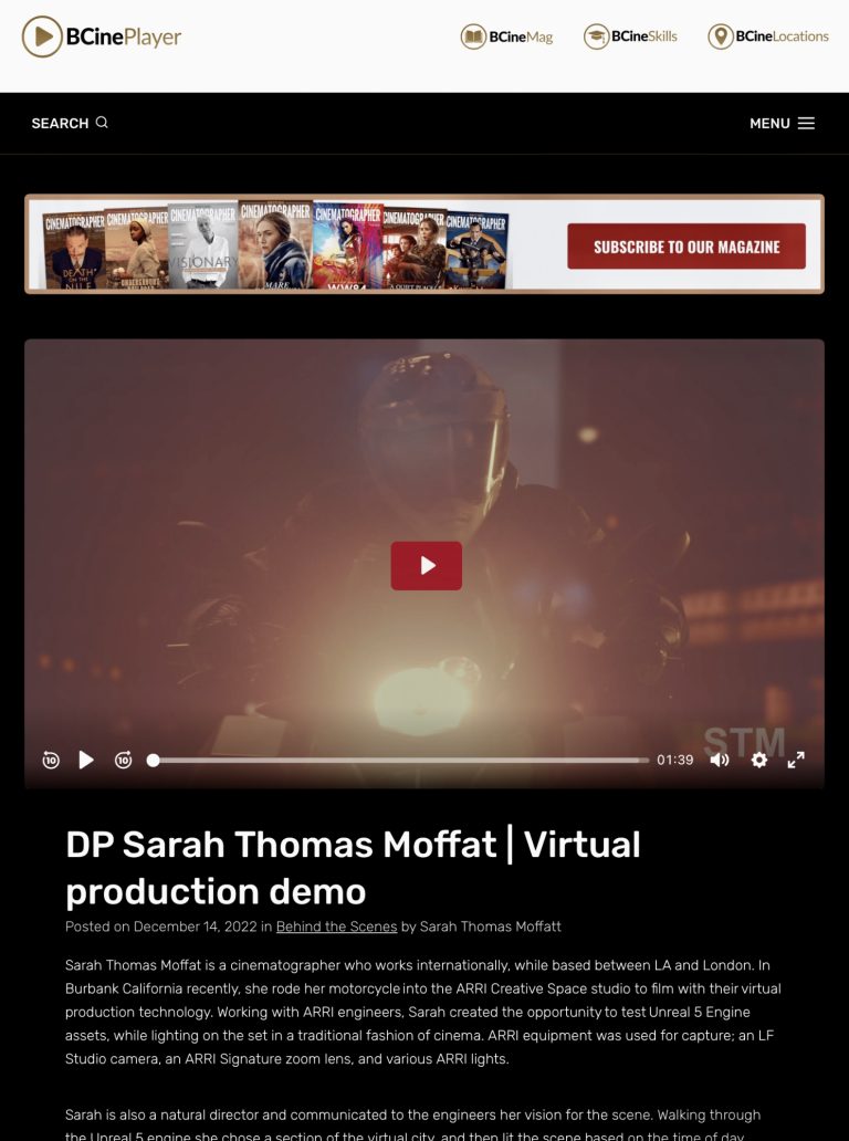 BEHIND THE SCENES BTS VIRTUAL PRODUCTION CINEAMTOGRAPHY BRITISH CINEMATOGRAPHER WEBSITE SARAH THOMAS MOFFAT